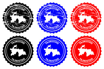 Tajikistan - rubber stamp - vector, Republic of Tajikistan map pattern - sticker - black, blue and red