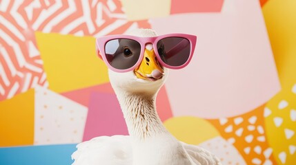 Fototapeta premium playful goose sporting oversized sunglasses, striking a fun pose in a bright, whimsical studio filled with colorful abstract shapes and patterns, radiating joy and lightheartedness