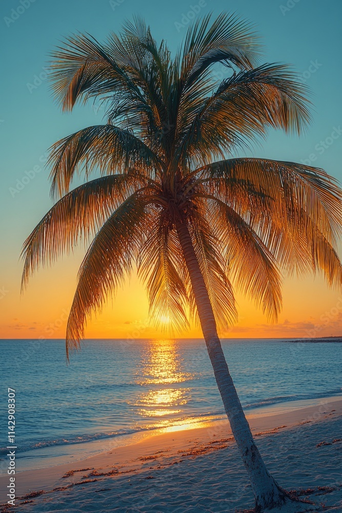 Poster a palm tree stands tall on a sandy beach as the sun sets in the background