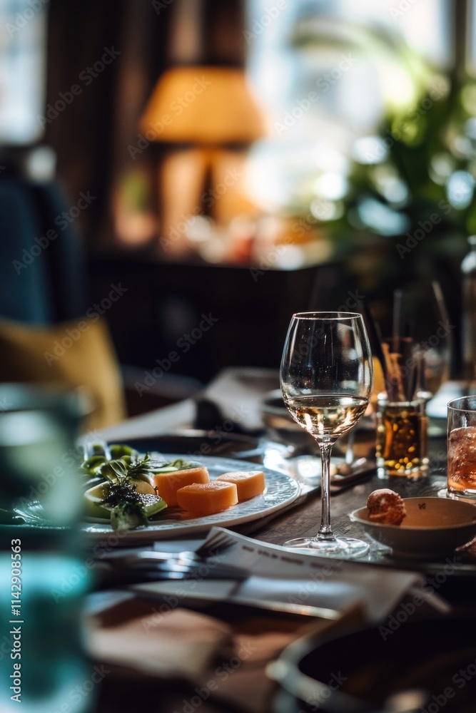 Poster a formal dinner setting with plates and glasses filled with wine, suitable for wedding receptions or