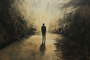 Fototapeta premium A person standing in a dimly lit cave, with stone walls and a hint of mystery