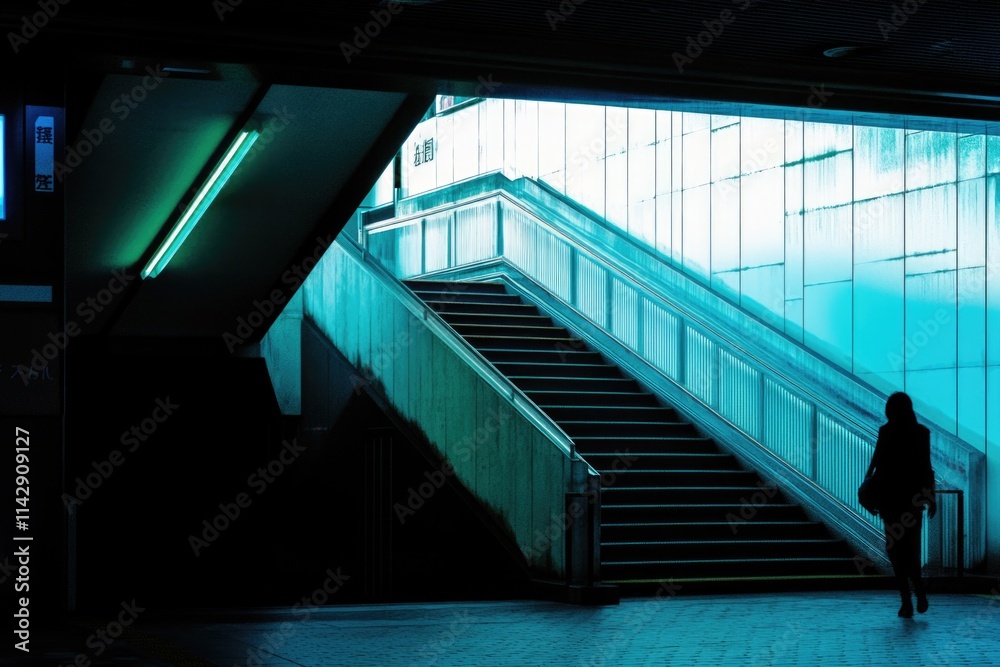 Poster a person stands at the base of a staircase, ready to climb up or down