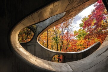 A window set into a concrete structure surrounded by trees
