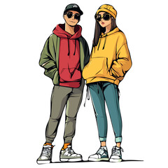Stylish Couple in Streetwear Style – Urban Fashion Illustration
