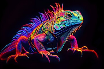 Obraz premium Neon light trails portrait of a vibrant cartoon iguana isolated on black background.