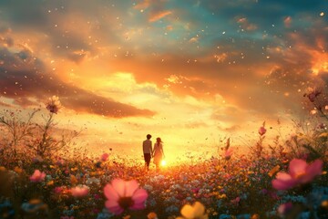 Fototapeta premium Romantic sunset silhouette of a couple holding hands in a vibrant flower field with colorful blooms, under a dramatic sky filled with clouds and sunlight