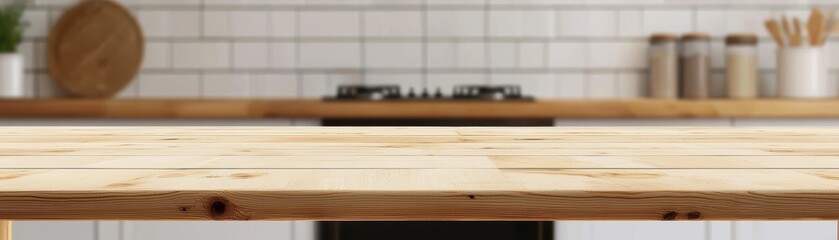 Clean wooden tabletop with blurred warm kitchen ambiance perfect for branding, food presentation, or interior design visuals
