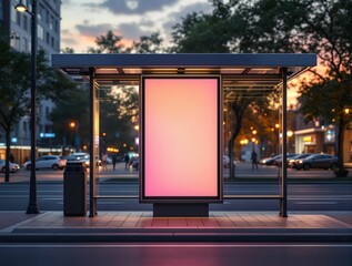  bus stop with a blank, illuminated advertisement on the back of the bus waiting shed. The advertisement is pink and there is a garbage can next to the bus stop. mockap