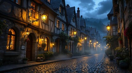 Fototapeta premium charming, cobblestone street at night, illuminated by warm, glowing lanterns. The scene is reminiscent of a medieval European village, with old, narrow houses and a misty ambiance.