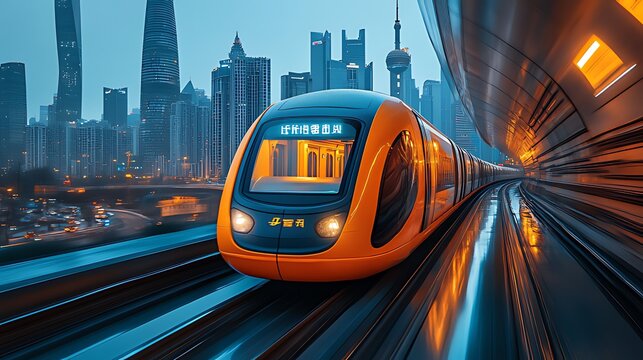 Futuristic orange train speeding through a city tunnel at night.
