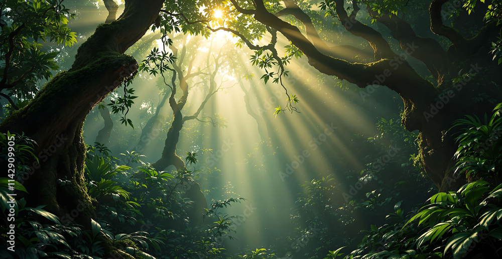 Aufkleber  serene forest scene with sunlight filtering through the dense foliage, creating a magical and tranquil atmosphere. The trees and dense greenery create a natural canopy, casting dappled light on the f