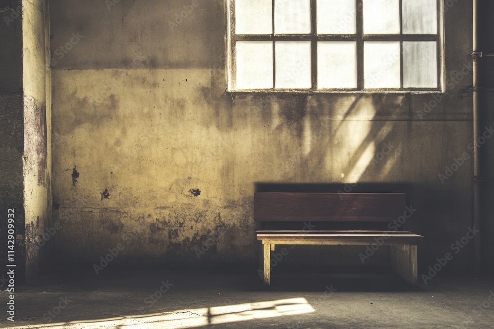 Poster A simple wooden bench placed in front of a window, ideal for use as a decorative element or a cozy reading nook