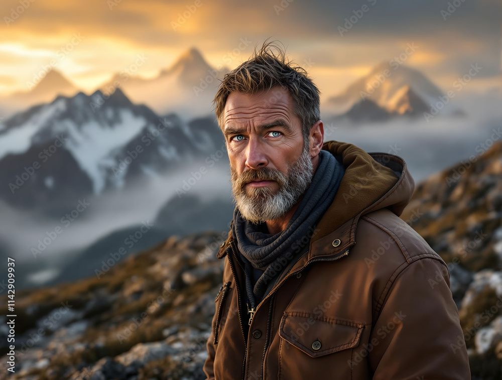 Poster man standing on a mountainous landscape with snow-capped peaks in the background. the sky is tinged 