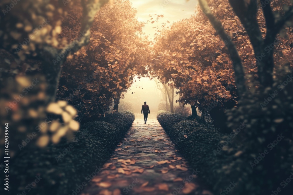 Poster a person walks along a winding forest path, surrounded by dense foliage and towering trees
