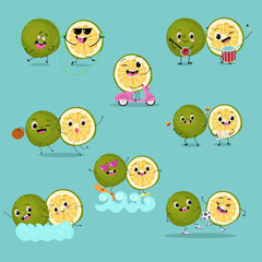 Sweetie, lemon fruit cute funny cheerful characters. Vector hand drawn illistration.