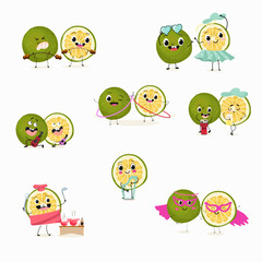 Sweetie, lemon fruit cute funny cheerful characters. Vector hand drawn illistration.