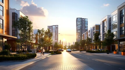Sunset Glow Over Modern Cityscape:  A Tranquil Evening in Urban Development