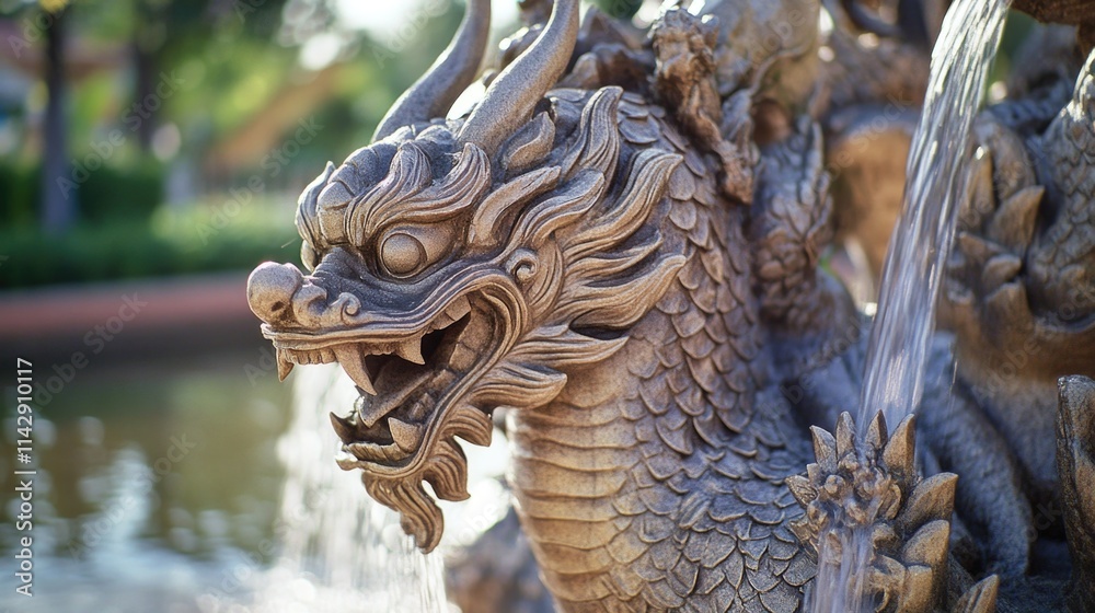 Poster a detailed view of a mythical dragon figure on display