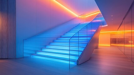 Modern glass staircase with colorful LED lighting in a contemporary building.
