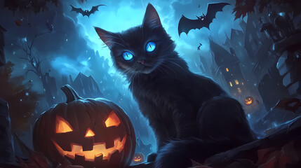 A black cat with glowing blue eyes sits next to a jack-o'-lantern under an eerie halloween sky with bats flying in the background. Nocturne. Illustration