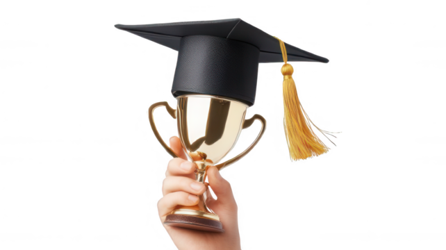 A hand holding a golden trophy topped with a black graduation cap on white or transparent background, represents academic success. - Powered by Adobe