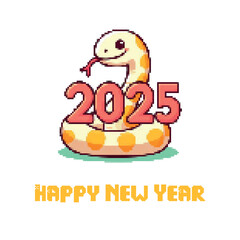 Snake symbol of the year 2025 pixel with retro style text. Vintage symbol of the year, Banner Happy New Year 2025 in 8 bits. Pixel art