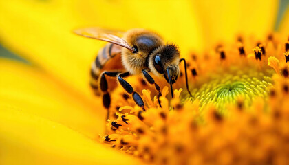 A detailed macro shot of a honeybee collecting nectar from a vibrant flower, showcasing the intricate patterns on its wings and the rich colors of the bloom.