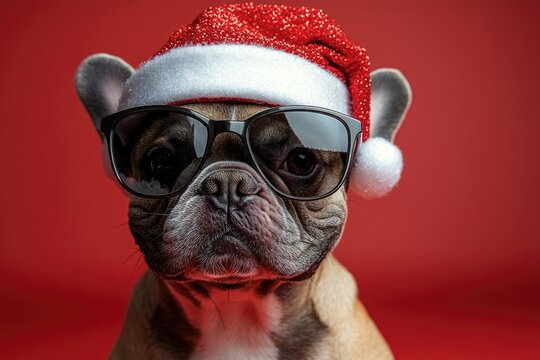 A playful dog wearing a Santa hat and glasses, perfect for holiday-themed images or comedy skits