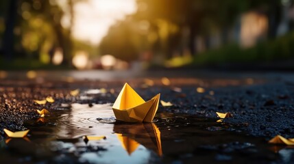 Delicate paper boat tipping slightly in a small puddle surrounded by urban textures and reflections 3D illustration