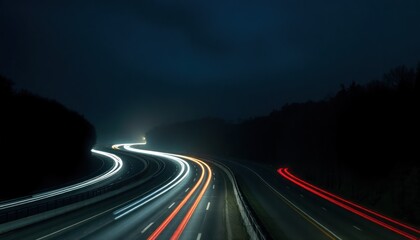 Obraz premium Highway at night shows light trails from fast moving vehicles. Long exposure captures motion, speed. Curves of road prominent. Dark night sky with silhouettes of trees. Urban landscape visible.