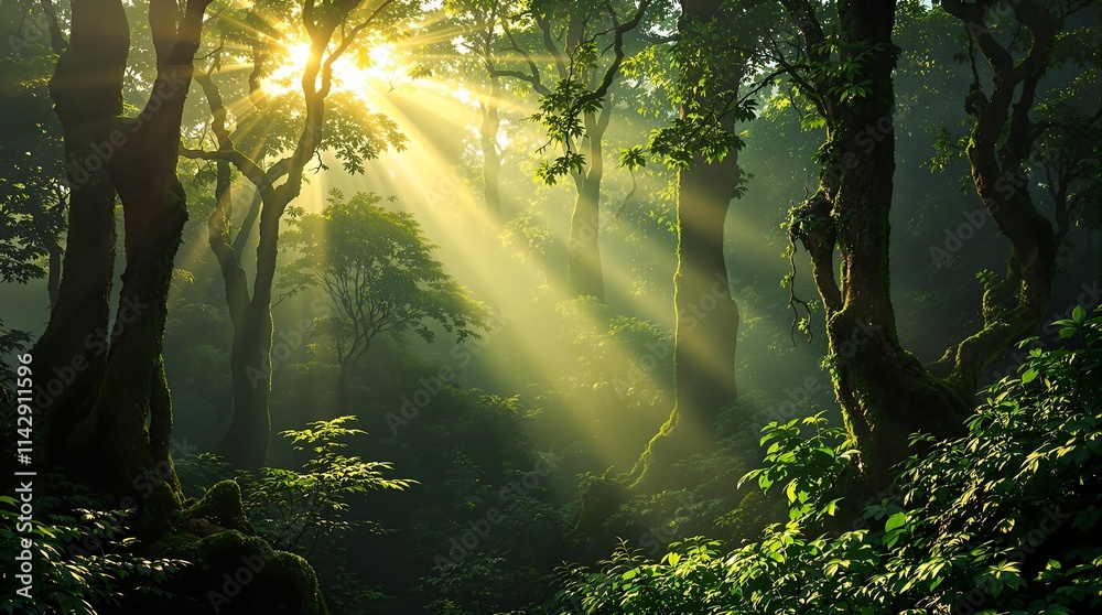 Poster serene forest scene with sunlight streaming through the trees, creating a picturesque and peaceful atmosphere. The dense foliage and the play of light and shadow give a sense of depth and tranquility.