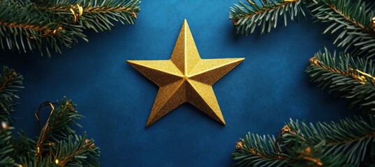 Golden Star Christmas Decoration on Blue Background