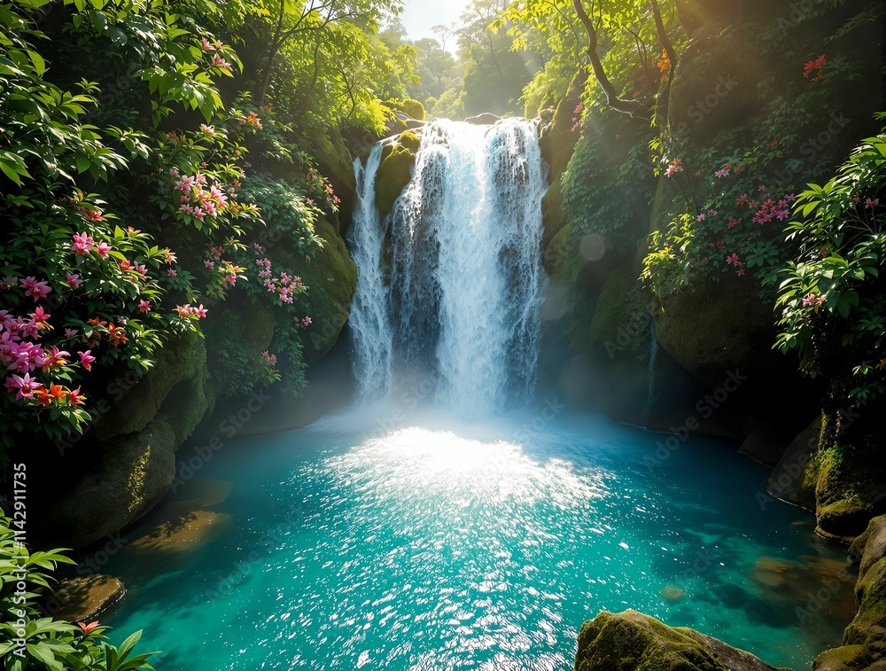 Poster The image depicts a serene waterfall cascading into a tranquil pool, surrounded by lush greenery and vibrant wildflowers.