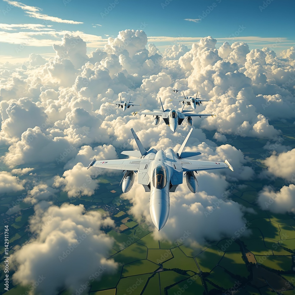 Poster four fighter jets flying over a landscape with clouds and green fields in the background. the jets a