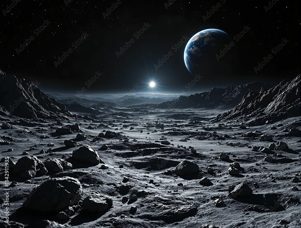 Poster  landscape on the moon's surface with a large crater visible near the bottom left. The moon's surface is illuminated by the light of the planet Earth in the distance.