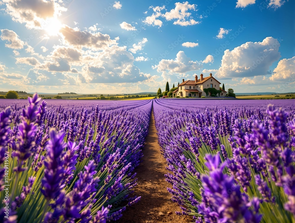 Poster picturesque lavender field with a dirt path running through it, leading up to a house with a red roo