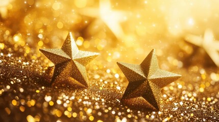 radiant golden background adorned with shimmering stars and sparkling glitter, creating an opulent and festive atmosphere, perfect for new year’s or christmas celebrations