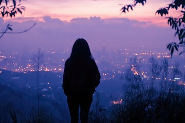 Obraz premium A person standing on a hill, looking out at the city skyline