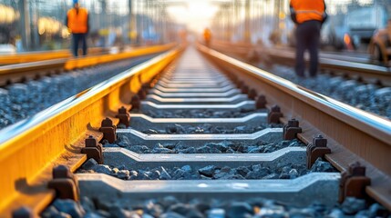 Obraz premium railway tracks in sharp focus with blurred railroad workers in high visibility gear inspecting the site, depicting diligence and safety in the transportation industry
