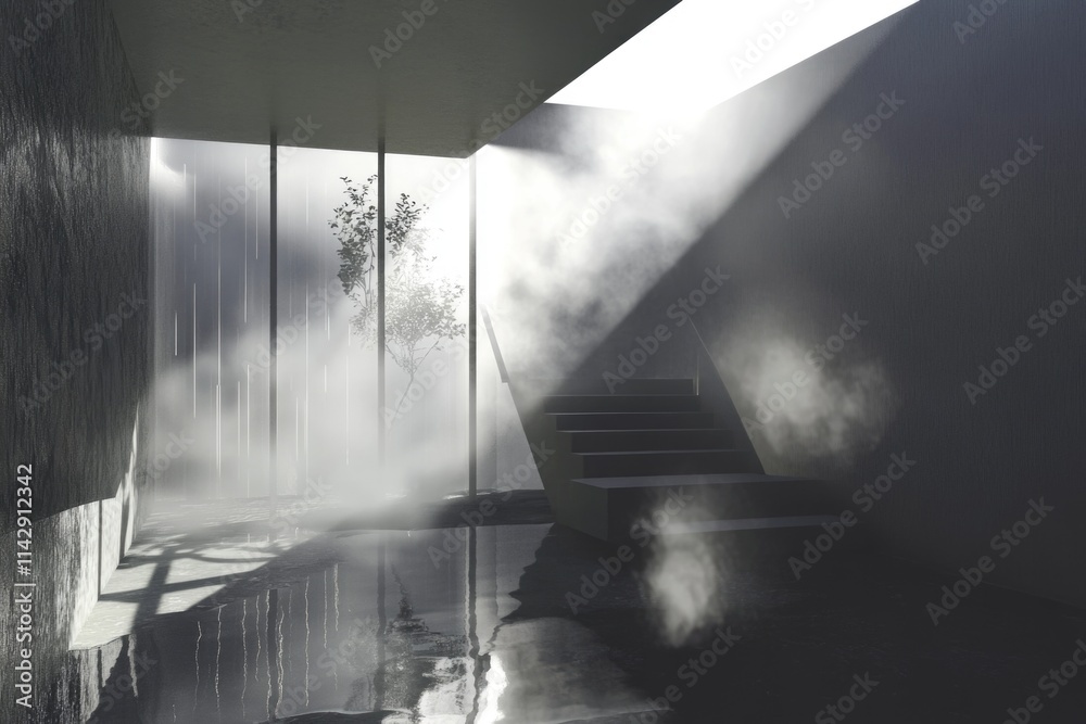 Poster a room filled with thick smoke and haze, perfect for creating a dramatic or mysterious atmosphere in