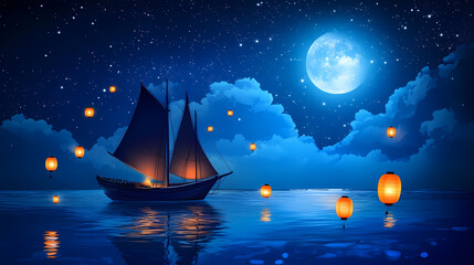 Boat sails under moon and lanterns glow brightly in night sky. Nocturne. Illustration
