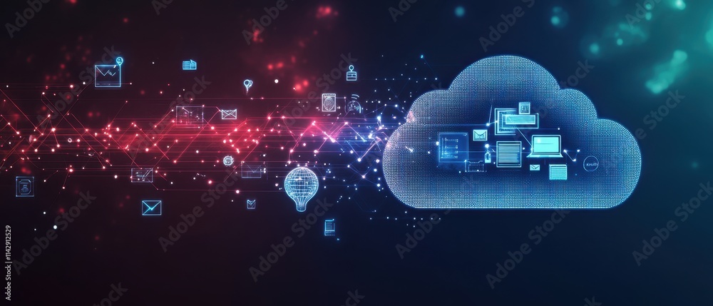 Poster a digital cloud symbol with icons representing various types of data, such as documents and images, 