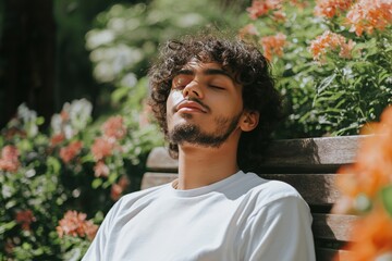 A young man relaxes outdoors, soaking in the sun to combat fatigue while surrounded by vibrant spring flowers, highlighting the importance of addressing vitamin deficiency in springtime.
