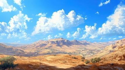 Naklejka premium realistic depiction of mount nebo in jordan, showcasing its majestic landscape under bright blue skies, inviting viewers to appreciate its historical and natural significance