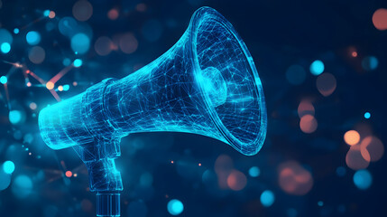 A blue polygonal mesh megaphone glowing on a soft bokeh background, symbolizing digital communication  -