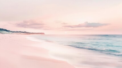 Obraz premium realistic watercolor depiction of a serene beach scene, painted in soft pink and pastel tones, evoking a sense of calm and idyllic beauty in nature