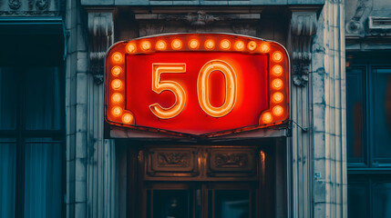 A bright red sign displaying the number 50 above the word off  -