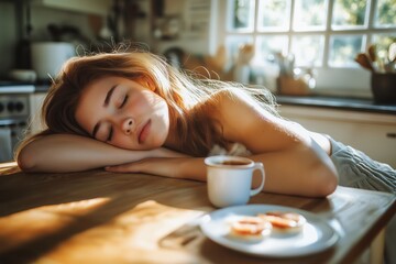 A young woman resting on a kitchen table shows signs of fatigue, possibly related to spring vitamin deficiency. A cup of coffee and snacks accompany her peaceful moment.