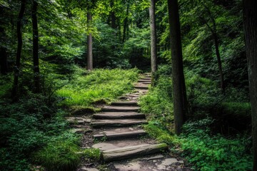Fototapeta premium A winding stone path through dense forest foliage
