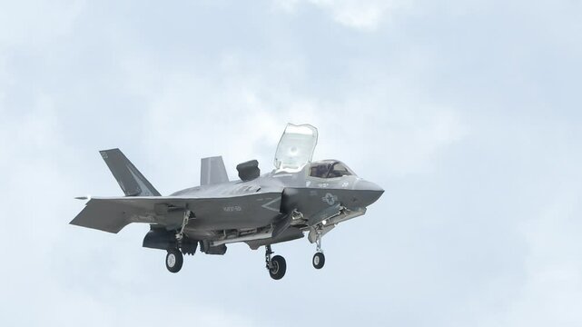 An F-35 lightning aircraft hovers at the Marine Corp Air Station in Beaufort, South Carolina